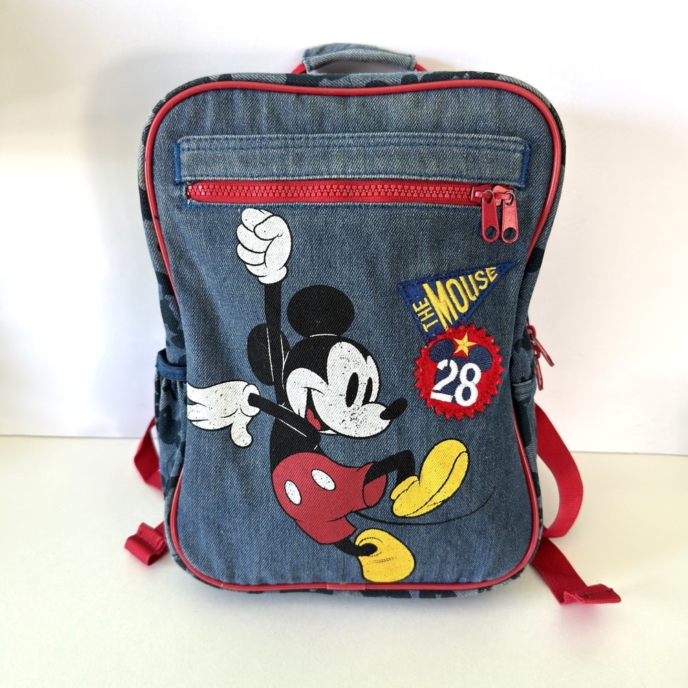 Disney Store Mickey Mouse Vintage Denim Small Kids Backpack Patches Zippers‎